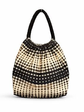 Cream & Black Polkadot Ombre Canvas Hobo Shoulder Bag with Rope Handles